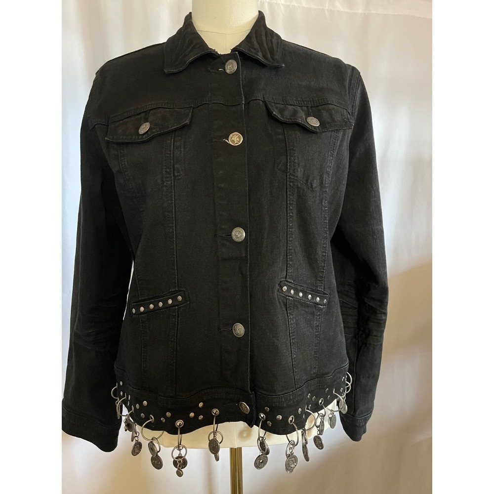 DG2 Diane Gilman Black Denim Jacket Studded Coin Fringe Hem Boho Size M